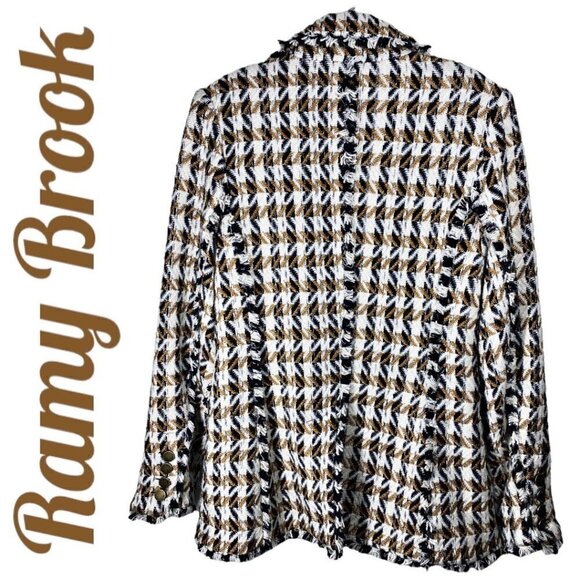 NWT RAMY BROOK Mallary Gold Plaid Tweed Wool Blend Blazer Fringe Trim, Size 8 - Picture 4 of 11